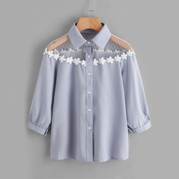 

flower lace insert shirt blue lapel equipment button women and blouse 2017 autumn 3/4 sleeve cute blouse, White