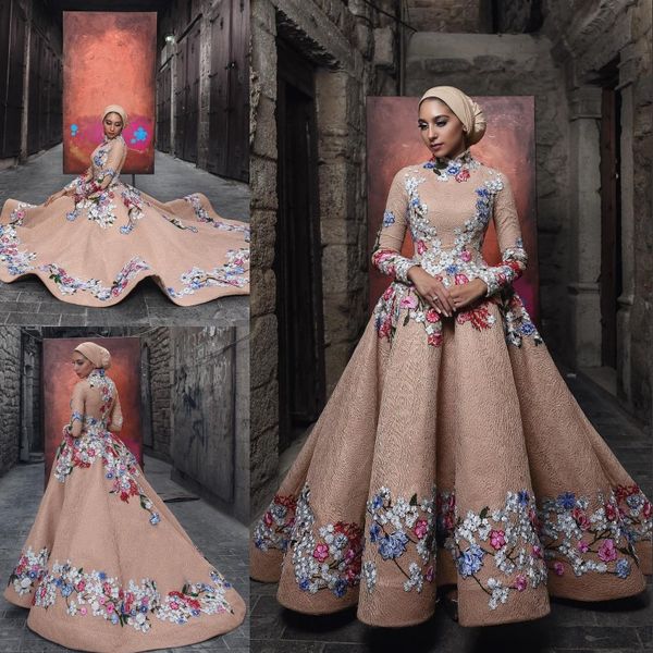 Festa Muçulmana elegante Varrer Bordados Prom Vestidos alta Neck Applique manga comprida Lace Train Vestidos Glamorous Arábia Celebrity Dress Evening