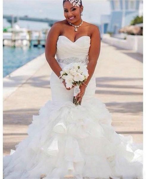 

mermaid plus size wedding dresses 2019 gorgeous ruffle organza africa tiers beads sash african country bridal gown train bride dress custom, White