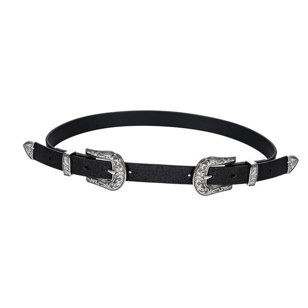 

Женщины PU кожаный пояс черный Западный пастушка пояс Серебряный двойной металлической пряжкой ремень -MX8
