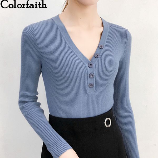 

colorfaith women pullovers sweater new 2019 knitting autumn winter buttons v-neck multi colors casual elegant ladies sw8940, White;black