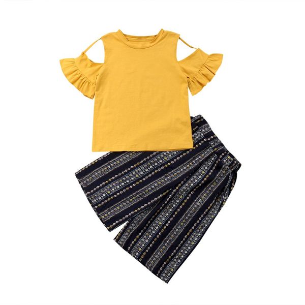 

2018 kids baby girl off shoulder yellow +striped flared pants clothes outfits summer casual set, White