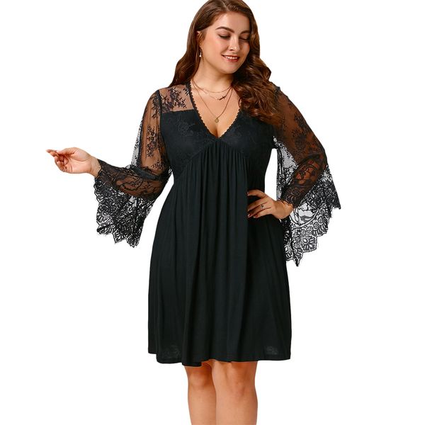 

wipalo autumn empire waist plus size tunic women lace dress flare sleeve v neck knee length 2018 women dress robes vestidos, Black;gray