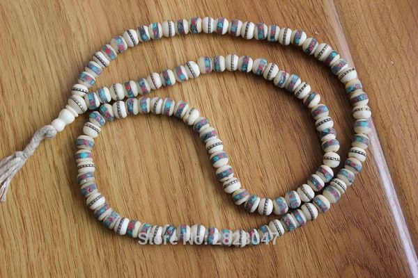 

ml112 ethnic tibetan 108 white yak bone prayer beads mala 8mm*6mm bone inlay metal silk colorful stone buddhist bracelet c18111601, Black