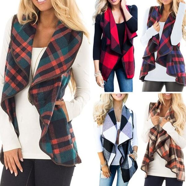 

women plaids vest cape autumn winter fashion designer coats sleeveless outerwear coat, Black;white