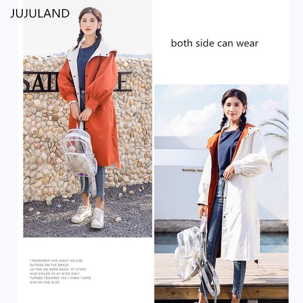 

jujuland woman trench two side can wear solid hooded long casual coat waterproof coat botton elastic waist 2018 autumn, Tan;black