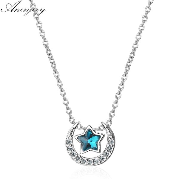 

anenjery fashion dazzling azure moon star zircon necklace for women 925 sterling silver necklace s-n278