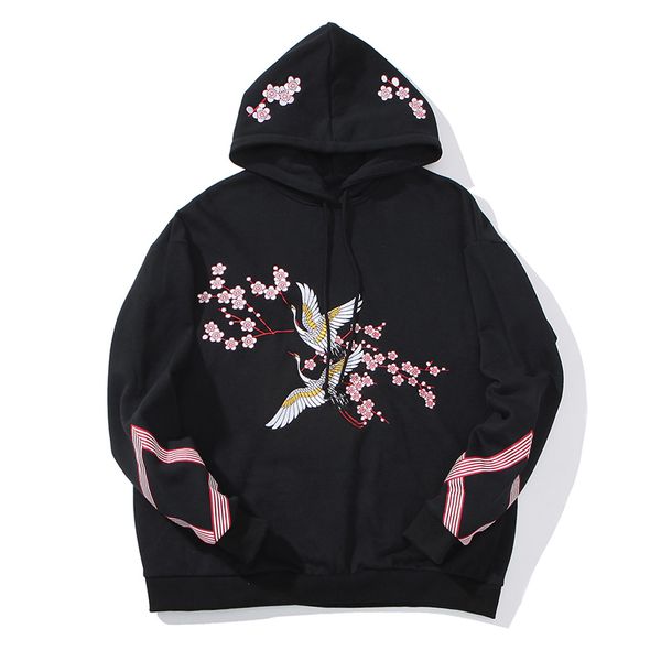 

pullover embroidery style animal hoodie chinese men casual flower hoodies sweatshirts fashion hip hop streetwear arhof, Black