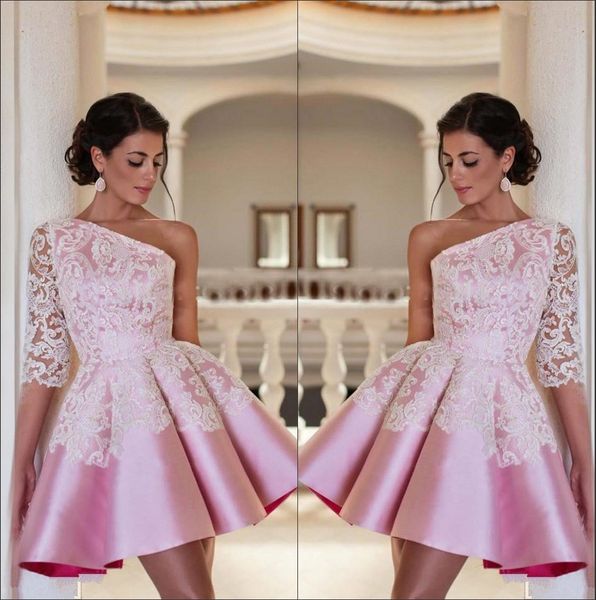 

2018 elegant pink one shoulder satin a line homecoming dresses lace applique short party prom evening dresses ba2921, Blue;pink