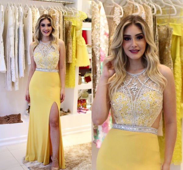 

роскошные 2019 новый желтый русалка пром платья jewel шеи бусины кристаллы спинки сторона сплит развертки поезд элегантный вечернее вечернее, Black