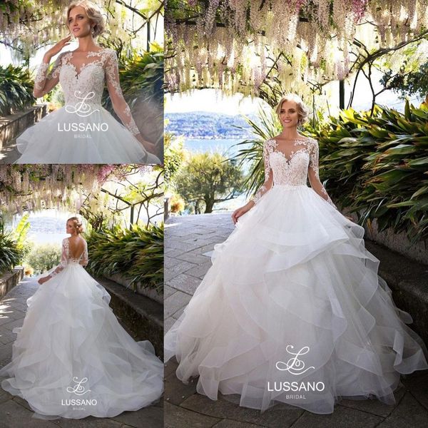 

layers ruffle skirts backless wedding dresses illusion long sleeves appliqued ball gown bridal wedding gowns arabic vintage, White