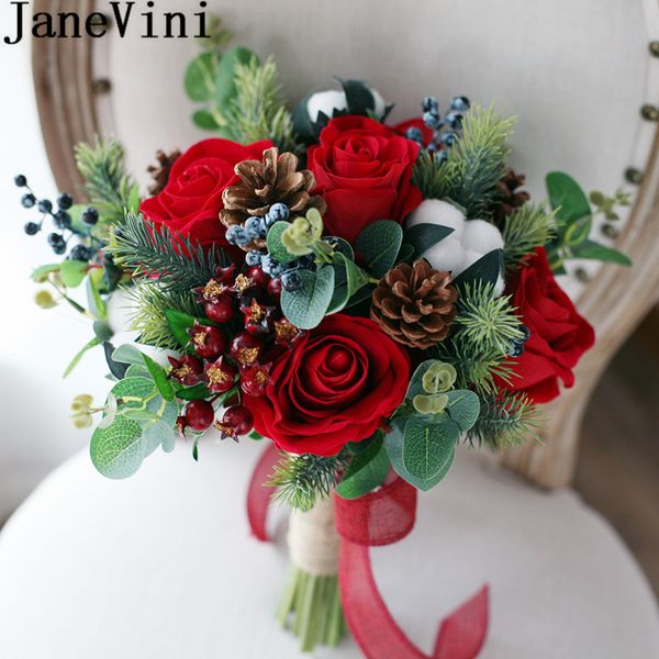 Acheter Janevini Rouge Bouquet De Mariée En Coton Artificielle Bouquet De Fleurs De Soie Bouquet De Rose Porte Demoiselle Dhonneur Broche Ramo De