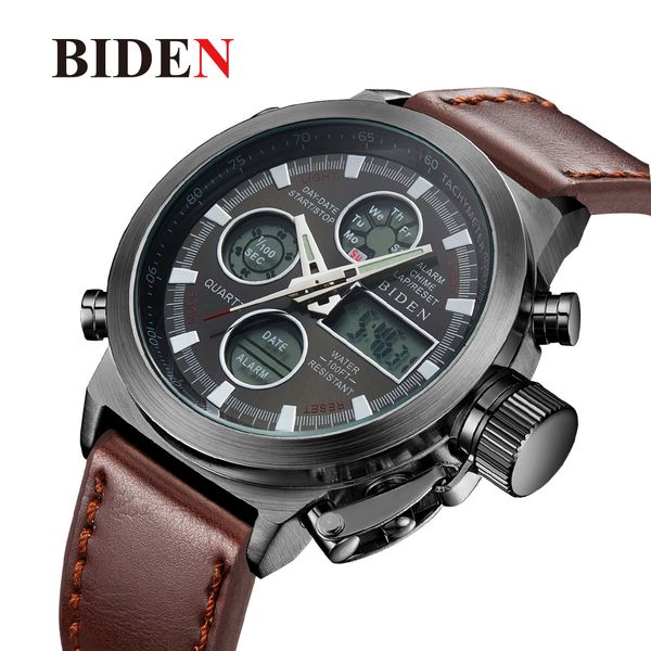 

biden brand mens sports watches leather strap digital analog dual display watch army waterproof male led clock relogios, Slivery;brown