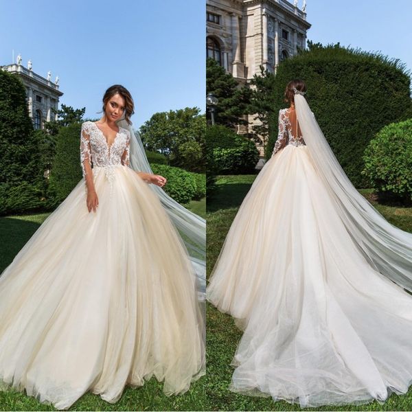 

Кристалл Дизайн Sheer Jewel Шеи Кружева Бальное Платье Свадебные Платья 2019 С Длинными