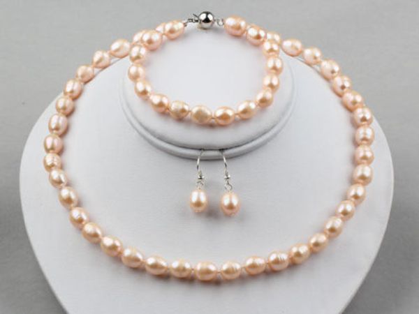 

natural pink rice freshwater pearl necklace and matched bracelet, earrings set, Black