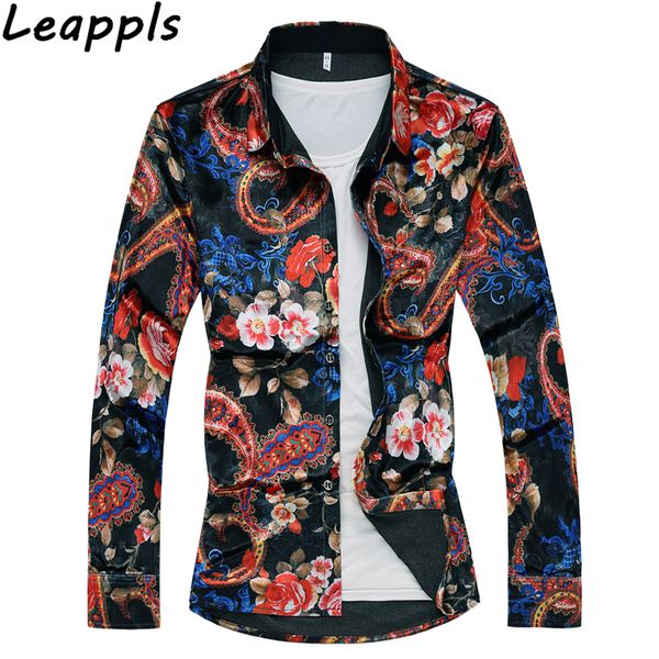 

leappls 4xl long sleeve shirt men floral streetwear hawaiian shirt men flower blusas camisa social masculina casual slim fit new, White;black