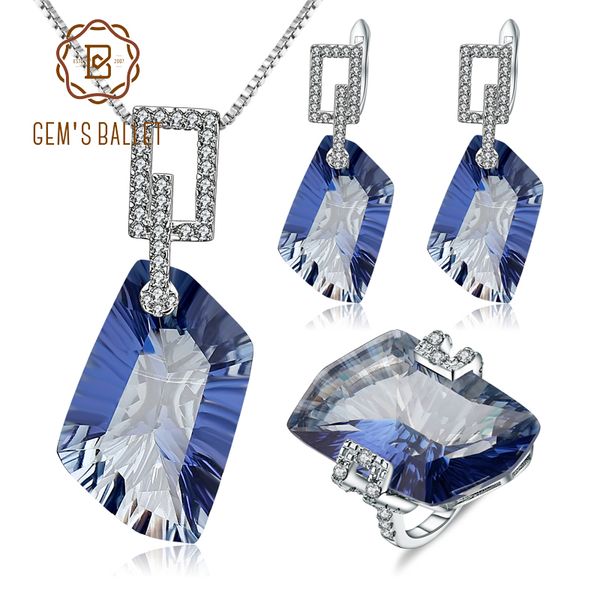 

gem's ballet 63.59ct 925 sterling silver necklace earrings ring set natural iolite blue mystic quartz jewelry set for women, Black