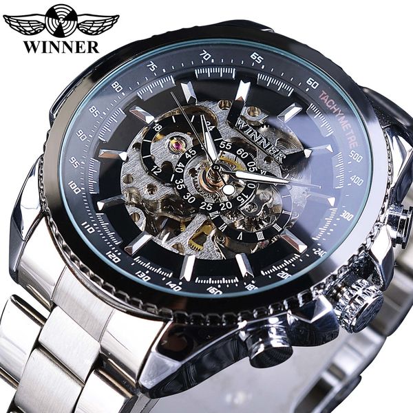 

победитель спорт дизайн безель золотые часы мужские часы top brand luxury montre homme часы мужчины стимпанк автоматический скелет часы, Slivery;brown