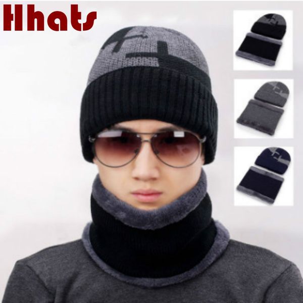 

thickened warm winter hat scarf set for men fashion fleece lining scarf and cap sets male plus velvet warm winter accessories, Blue;gray
