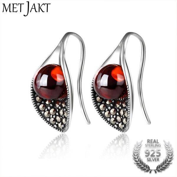 

metjakt s925 sterling silver red garnet drop earring with zircon for women wedding party luxury vintage thai silver jewelry, Golden;silver