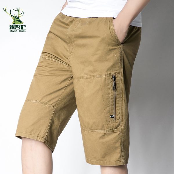 

men summer casual cropped trousers men brand loose multi pockets shorts 2018 solid middle age and old age casual short, Black