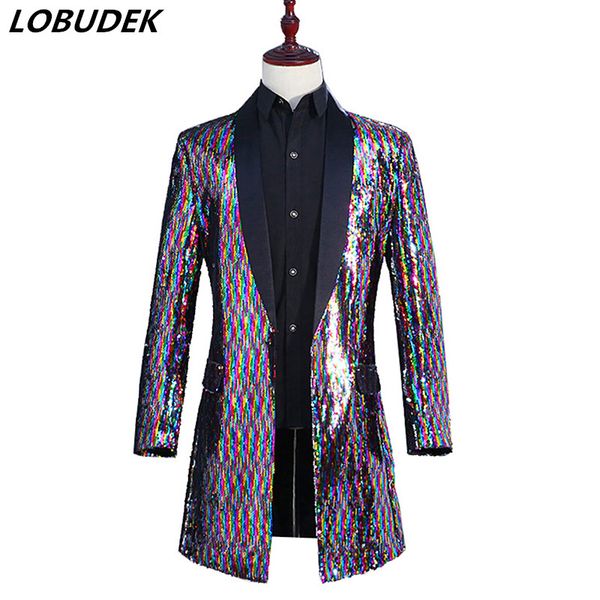 

men rainbow color long coat colorful flipping sequins windbreaker outerwear tide male singer punk dancer dj concert host performance costume, Tan;black