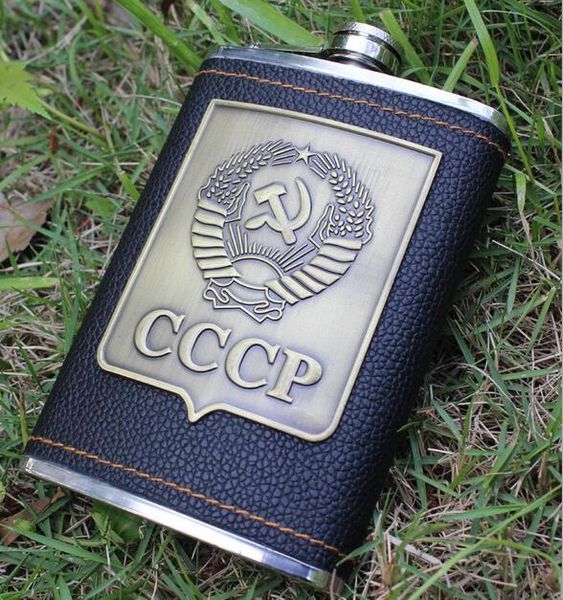 

8 oz portable luxury stainless steel hip flask faux leather whiskey wine bottle retro cccp engraving mini alcohol pocket flagon