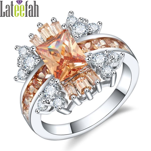 

lateefah luxury art deco birthstone ring champagne crystal cubic zirconia women flower sier color ring anel bijoux bague femme, Golden;silver