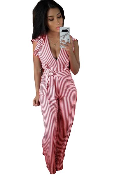 

женщины v шеи полосатый комбинезон с оборками рукава спинки длинные брюки ползунки наряды с поясом бесплатная доставка q101, Black;white
