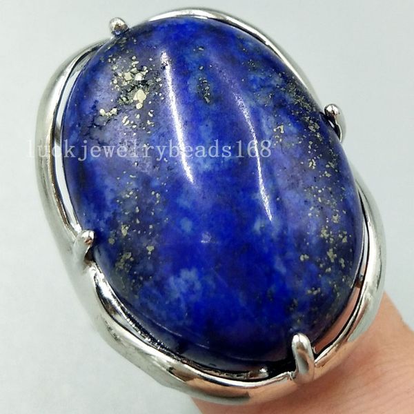 

women fashion jewelry 18x25mm natural lapis lazuli oval women men bead ring 6.5~12" us adjust c5096, Golden;silver