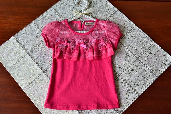 

2-7 years baby girls summer bow lace hollow , children cotton tees, retail kids boutique clothing, r1es12tp-04, Blue