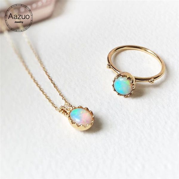 

aazuo 18k yellow gold egg ring necklace natual blue opal real diamond gifted for women valentine's day gift link chain au750, Black