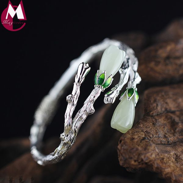 

gemstone jewelry natural jade flower magnolia fine tree branch bangle for women mother's gift 925 sterling silver bracelet sb70, Golden;silver