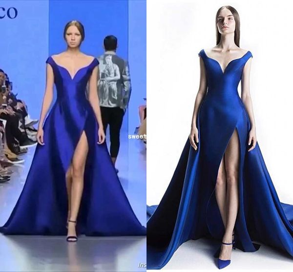 

michael cinco dubai 2019 royal blue prom dresses off the shoulder side split a line court train formal occasion evening dresses custom made, Black