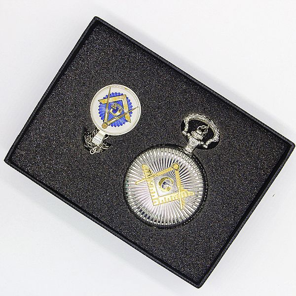 

cool silver & golden masonic ason asonry theme alloy quartz fob pocket watch with necklace chain set box gift tpb037, Slivery;golden