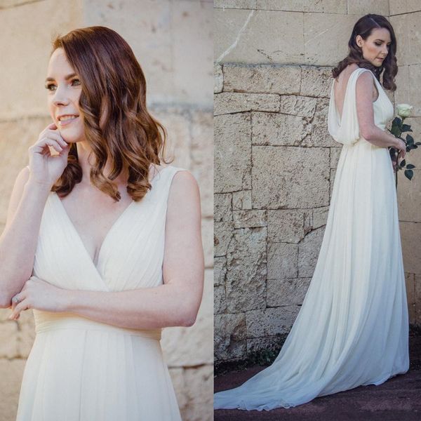 

a-line gathered empire waistline v-neckline dramatic scoop back wedding dresses 2018 sweep train bohemain country bridal dress, White