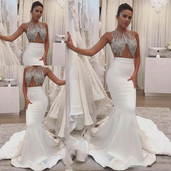 

beaded mermaid wedding dresses with bling jeweled gorgeous satin zipper fishtail summer country mopping long section bridal gowns, White
