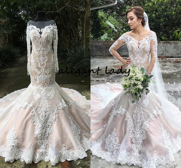 Real Fotos Sereia Vestidos de Noiva Sheer Jewel Neck Appliques Luxury Sweep Train Feito Personalizado Made manga longa Vestido de noiva Outono vestido de noiva outono