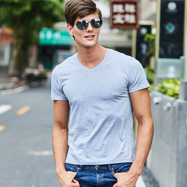 

large size men's short-sleeved t-shirt summer new solid color slim casual v-neck t-shirt 2018 simple fashion men clothing trends, White;black