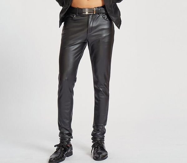 

korean personality fashion slim motorcycle faux leather pants mens feet pants black tight pu trousers for men pantalon homme