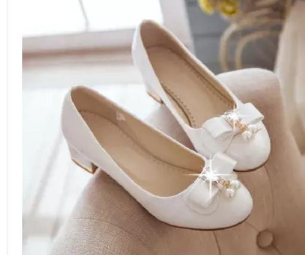 

send 2018 new style spring bowknot shallow mouth round head middle heel single shoes women's coarse heel shoes, Black
