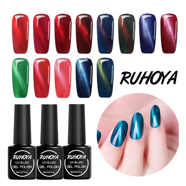 

ruhoya 8ml manicure design magnetic cat eye gel nail polish semi permanent soak off 24 colors uv gel polish glitter gelpolish, Red;pink