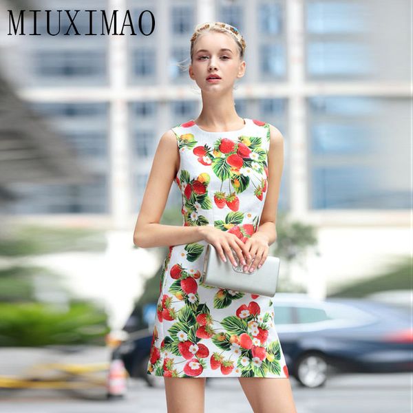 

2018 fashion autumn europe fall casual a-line o-neck sleeveless tank strawberry print zippers dress women, White;black
