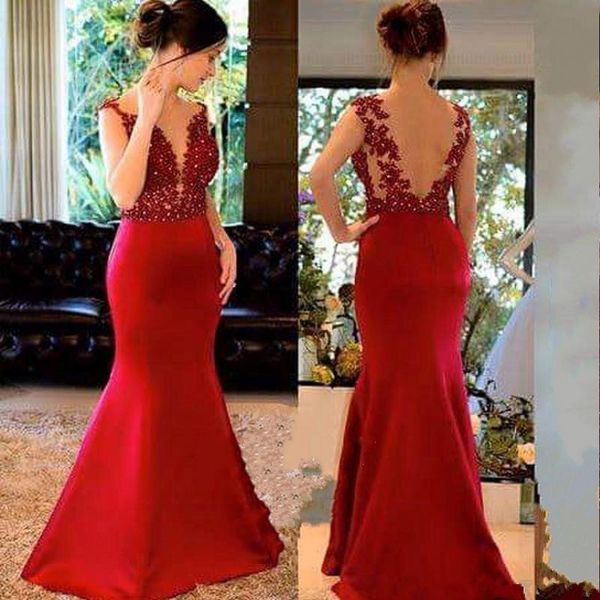 

2019 new burgundy sheer jewel neck mermaid prom dresses backless lace applique beaded floor length evening party gowns custom made, Black
