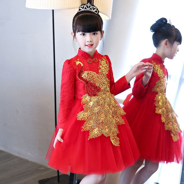 Meninas Vestido Estilo Chinês 2018 Mais Novo Inverno De Ouro Phoenix Emboridery Vestido De Espessura Quente Do Bebê Meninas Manga Longa Vestidos De Princesa Para 3-10 Anos