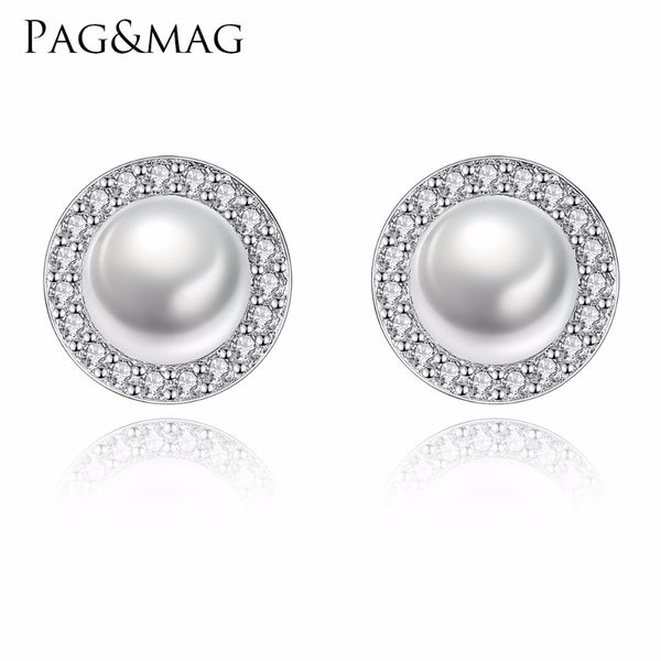 

pag&mag solid silver jewellery women 100%natural freshwater pearl stud earrings jewelry wedding small round earring, Golden;silver