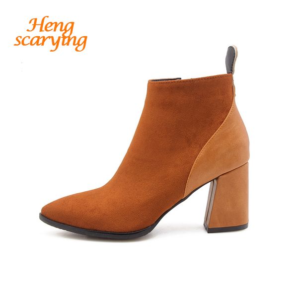 

2018 plus size women .5cm high heels knight ankle boots block heels winter short boot brown suede booties pointy velvet shoes, Black