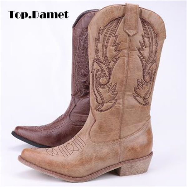 

damet women knee high boots pu leather cowboy cowgirl boot pointed toe slip-on western girls motorcycle shoes woman ladies, Black