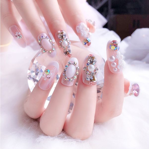 

24pcs/set pretty colorful rhinestone bride nail art pre-design round head pink floral false nails faux ongles with glue sticker, Red;gold