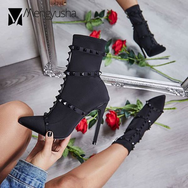 

studs band women stiletto boots stretch fabric short booties ladies european brand rivets belt sock boos 35-42 zapatos mujer, Black